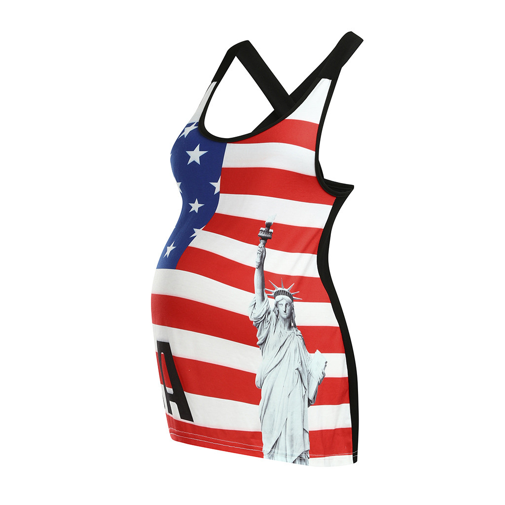 Women Pregnant Maternity Sleeveless Blouse Tops Print Clothes Vest Statue Of Liberty Flag Day 4th Of July Summer Tops Pregnancy