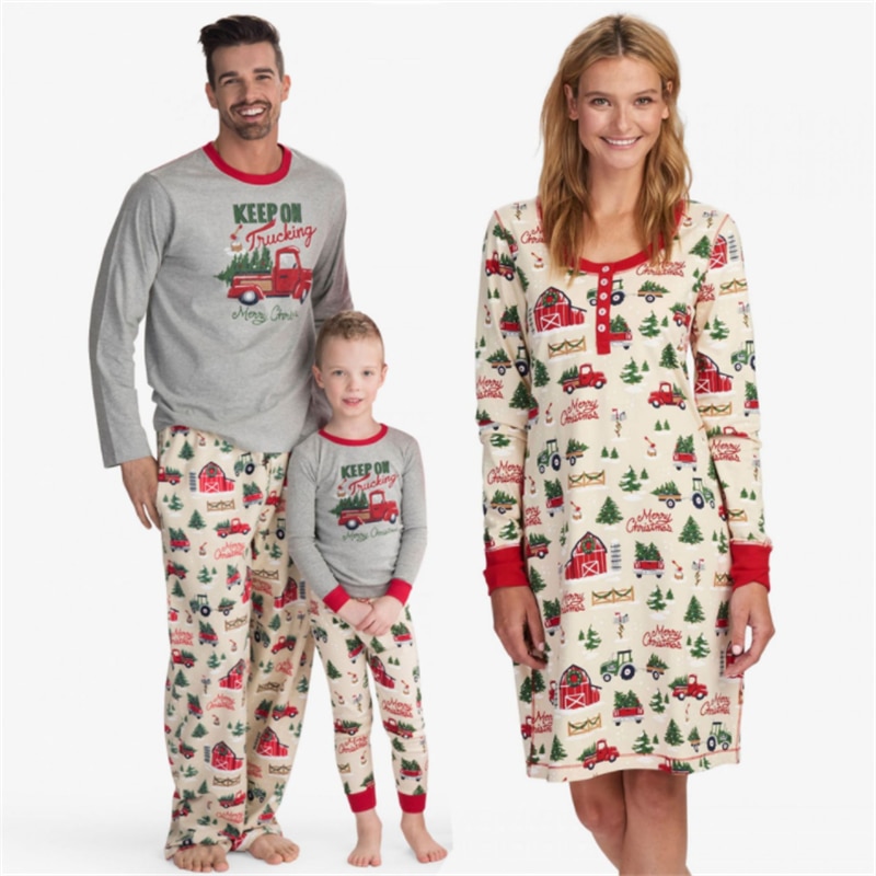 Familie matchende outfits tøj julepyjamas sæt xmas voksen barn sød fest nattøj pyjamas bil print nattøj jakkesæt