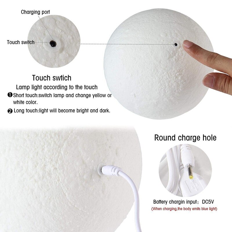 lámpara de luna de forma redonda impresión 3D lámpara de luz Led de Luna recargable por USB, para decoración del hogar y para enamorados, padres, amigo