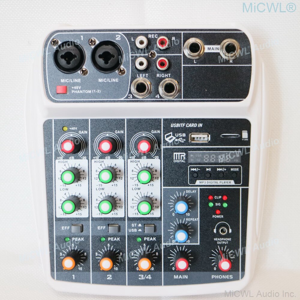 Micwl-mixer de som mx4, console para misturar áudio, 4 canais, bluetooth, usb, gravação de 48v phantom: White