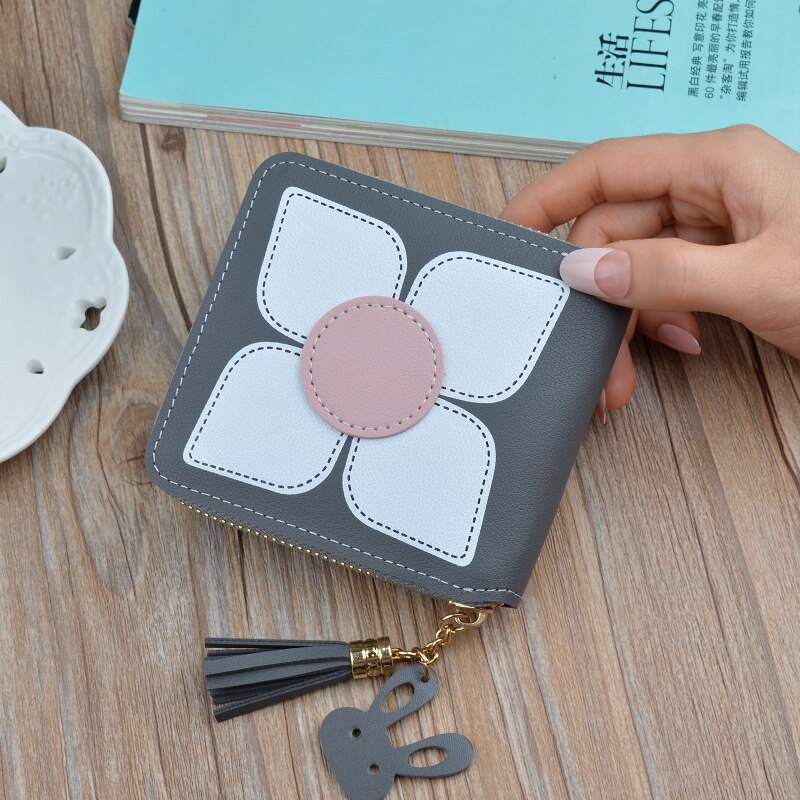 Women's Coin Purse Flower Pattern Leather Card Holder Multifunctional Storage: Gray