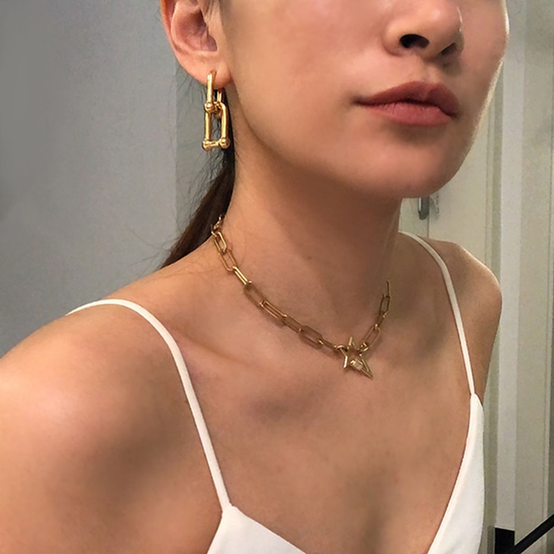 Peri'sBox Gold Color Large Paper Clip Chain with Star Carabiner Necklace Pave CZ Stone Statement Necklaces for Women