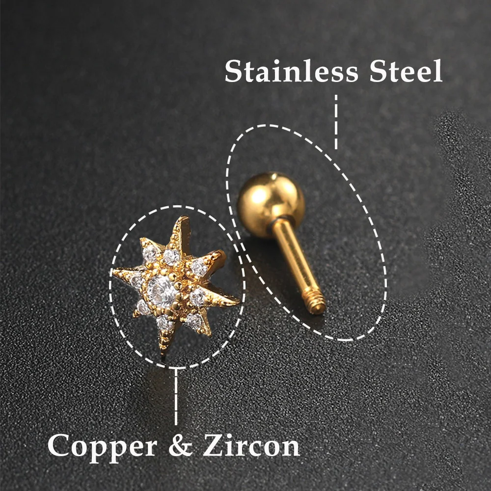 1PC 316 Stainless Steel Mini Zircon Cartilage Piercing Stud Earring For Women Helix Tragus Piercing women's Body Jewelry