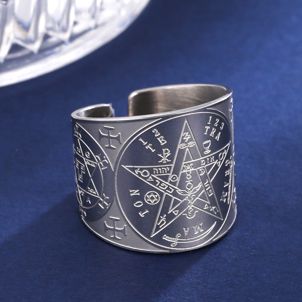 Anillo de tetragrammatón con pentagrama de brujería, anillo de dedo con pentáculo de acero inoxidable para hombres, amuleto de protección de energía antigua, joyería: 9 / Blanco