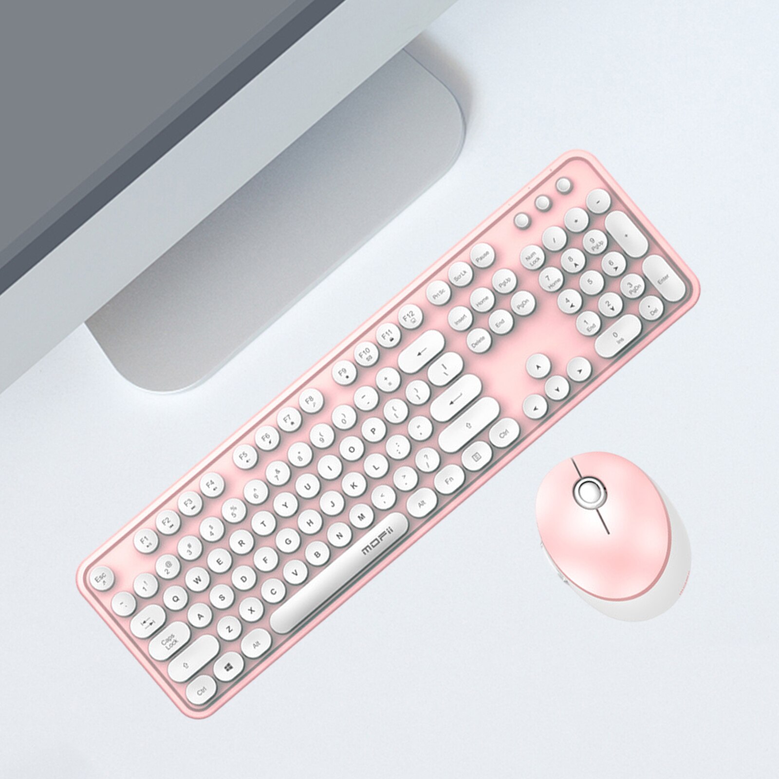 Mini Multi-Colour Wireless Keyboard and Mouse Kit Plug and Play, Silent click: White Pink