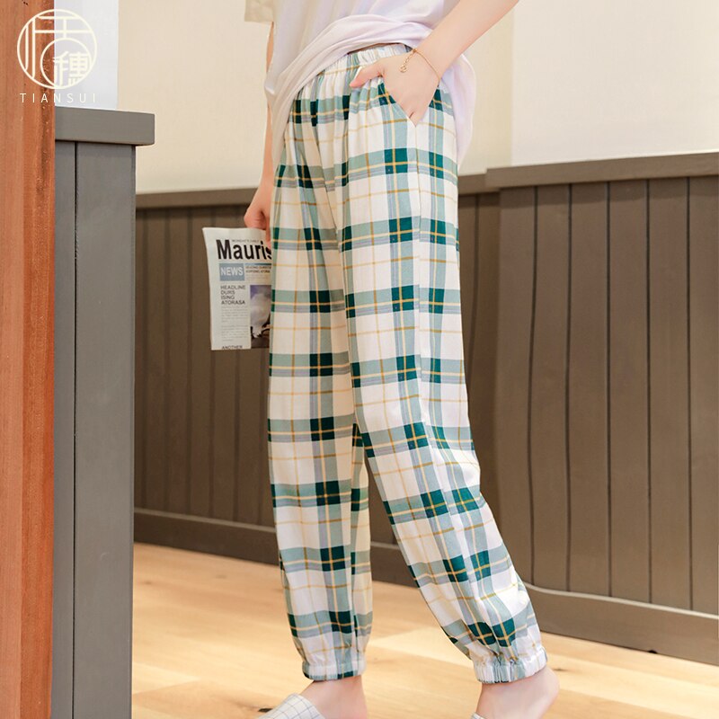 Ropa de dormir a cuadros para mujer, ropa de dormir informal, Simple, combina con todo, estilo japonés, joven, suave, diario, cintura elástica, básico, Vintage,: Verde / XXL