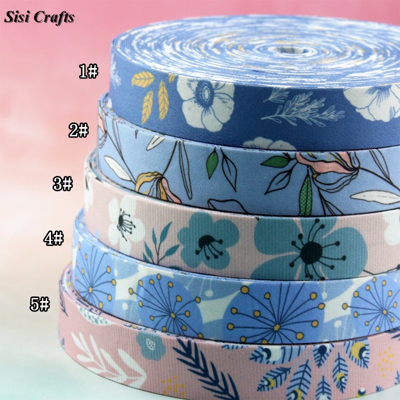 Sisi Crafts Floral Tape Light Blue Ribbon with Print Flower 10 25 40mm Cotton Fabric Bias Trim DIY Hair Bow Tie Collar Material