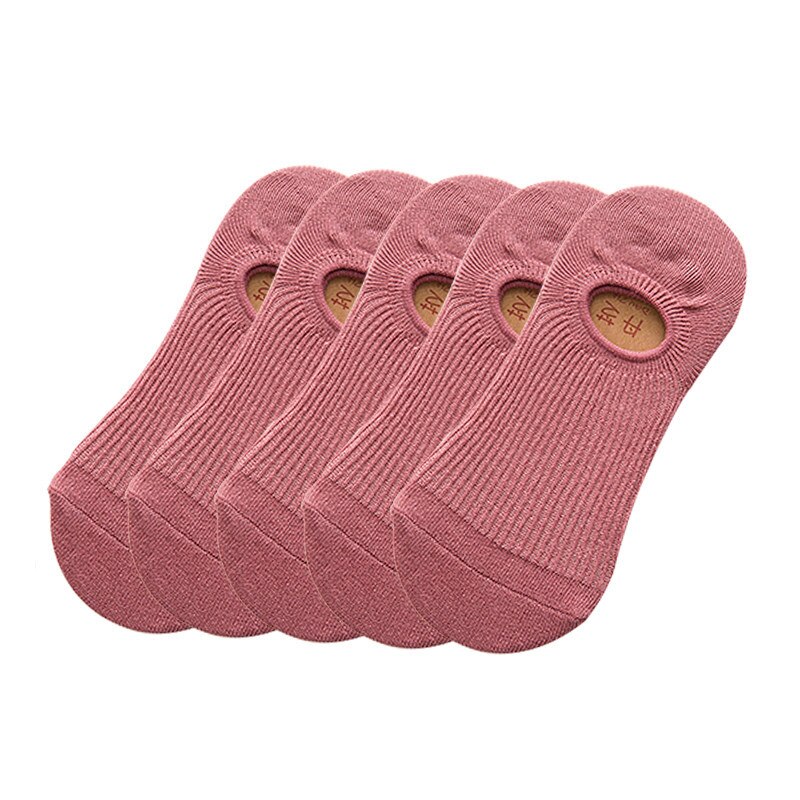 5Pairs/lot Spring Summer Women Socks Solid Wild Shallow Mouth Vertical Stripes Silicone Non-slip Invisible Sock Slipper: Pink