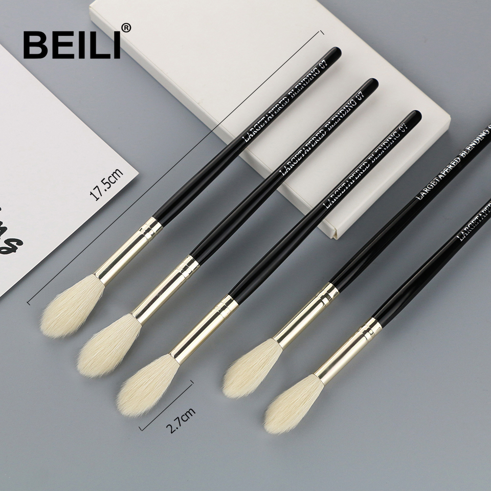 BEILI 07 brochas de maquillaje individuales, pelo de cabra auténtico, mango negro, virola de plata, brillo, mezcla grande, parte de pelo largo