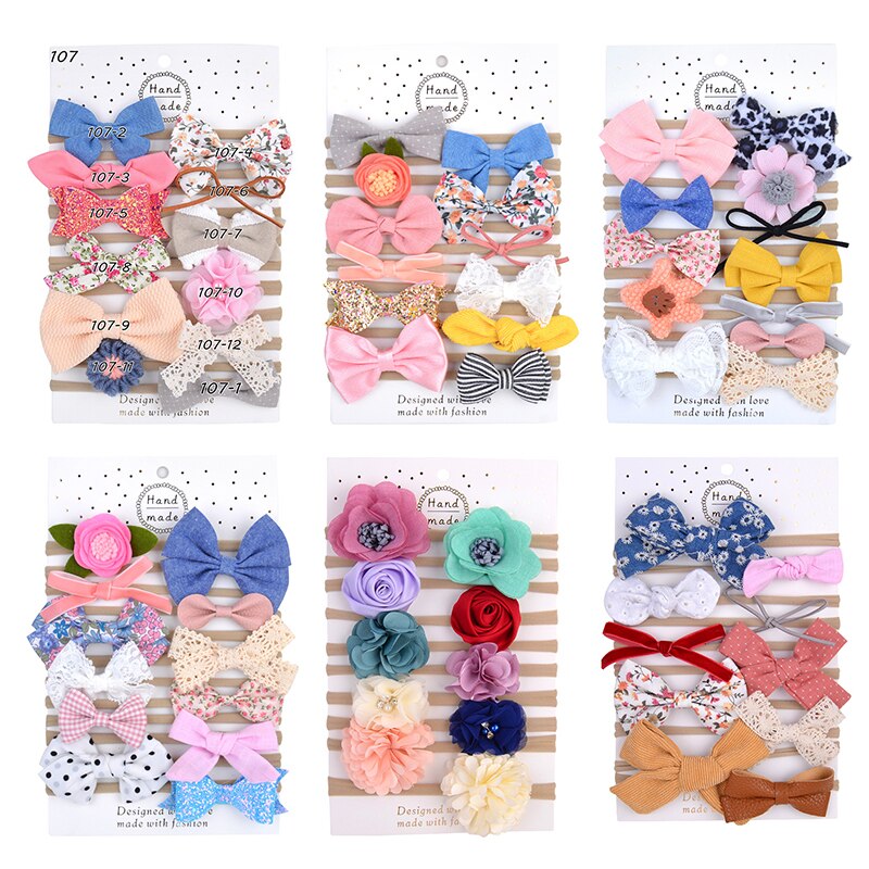 10/12 Pcs/Set Bows Bloem Zachte Nylon Elastische Pasgeboren Baby Meisje Hoofdbanden Strik Kant Bloemen Baby Haar Accessoires