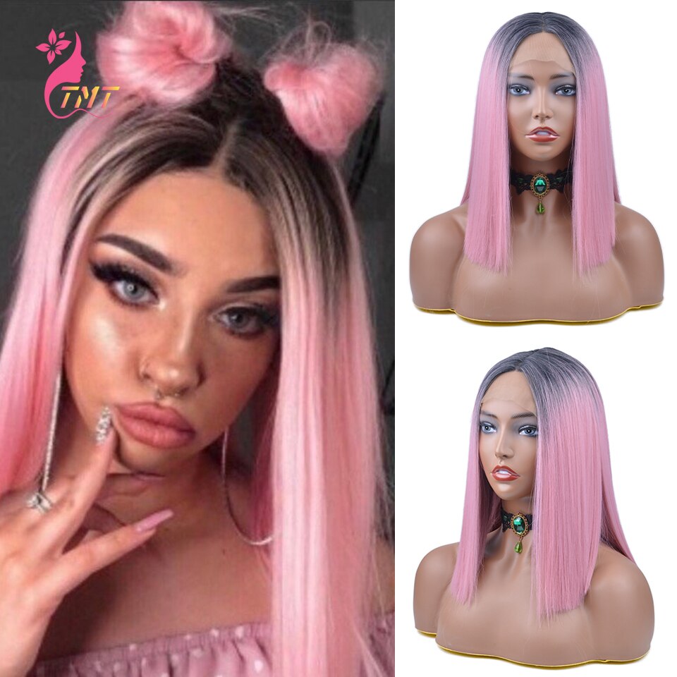 Short Bob Wig Middle Part Lace Front Synthetic Wigs Heat Resistant Straight Hair Ombre Pink Wig Natural Looking for Black Woman