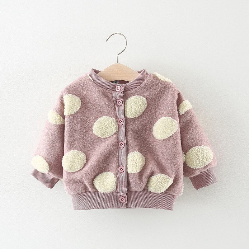 Toddler Baby Girl's Winter Fleece Jacket, Round Dots Buttons Long Sleeve Coat Outerwear