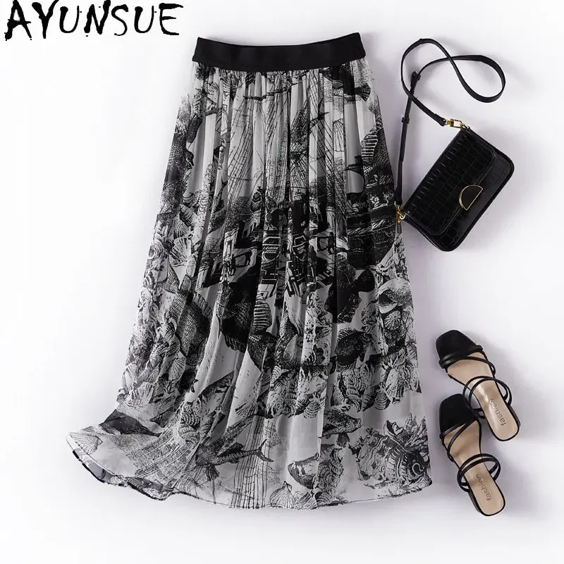 95%  ægte silke nederdele til kvinder med mulberry sommerfarvet blækmaling nederdel a-linje slanke nederdele dametøj dametøj