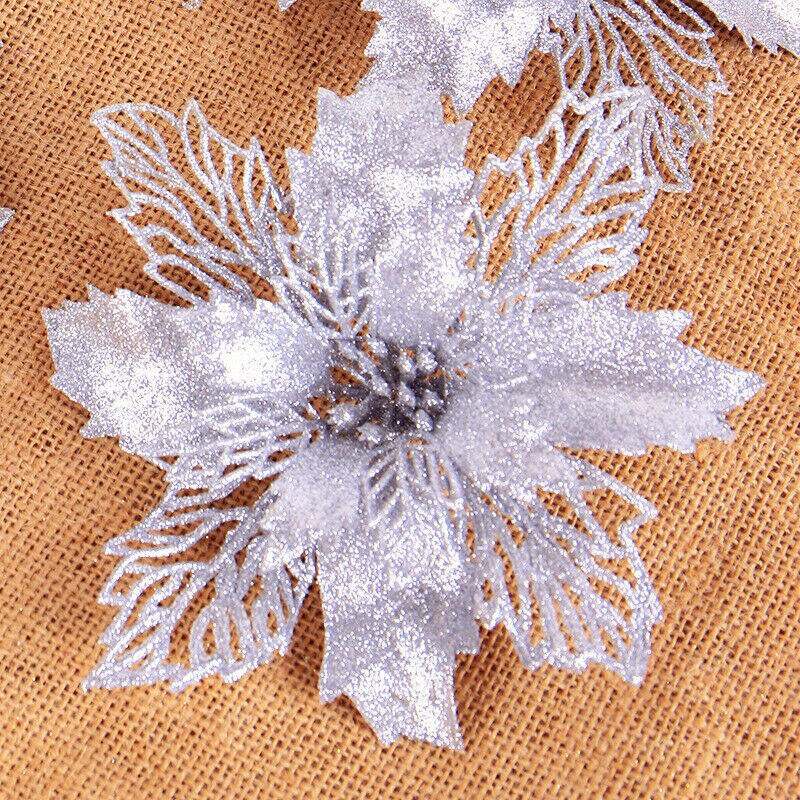10 Pcs Christmas Poinsettia Glitter Flower Hollow Tree Hanging Decoration for Home Party DC120