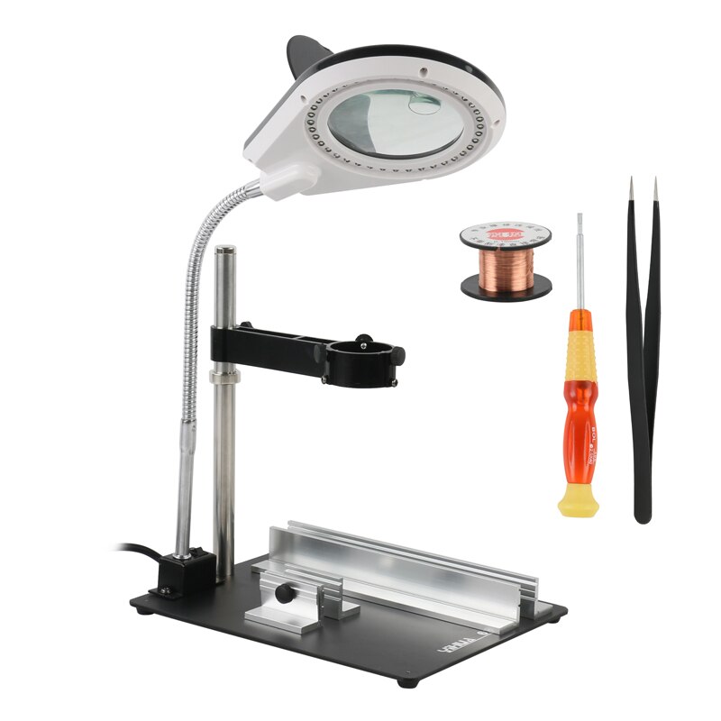 3 in 1 Metal Video Microscope Camera Table Stand Holder + LED Illumination Lamp 8X Magnifying Glass + Magnetic PCB Fixture Clamp
