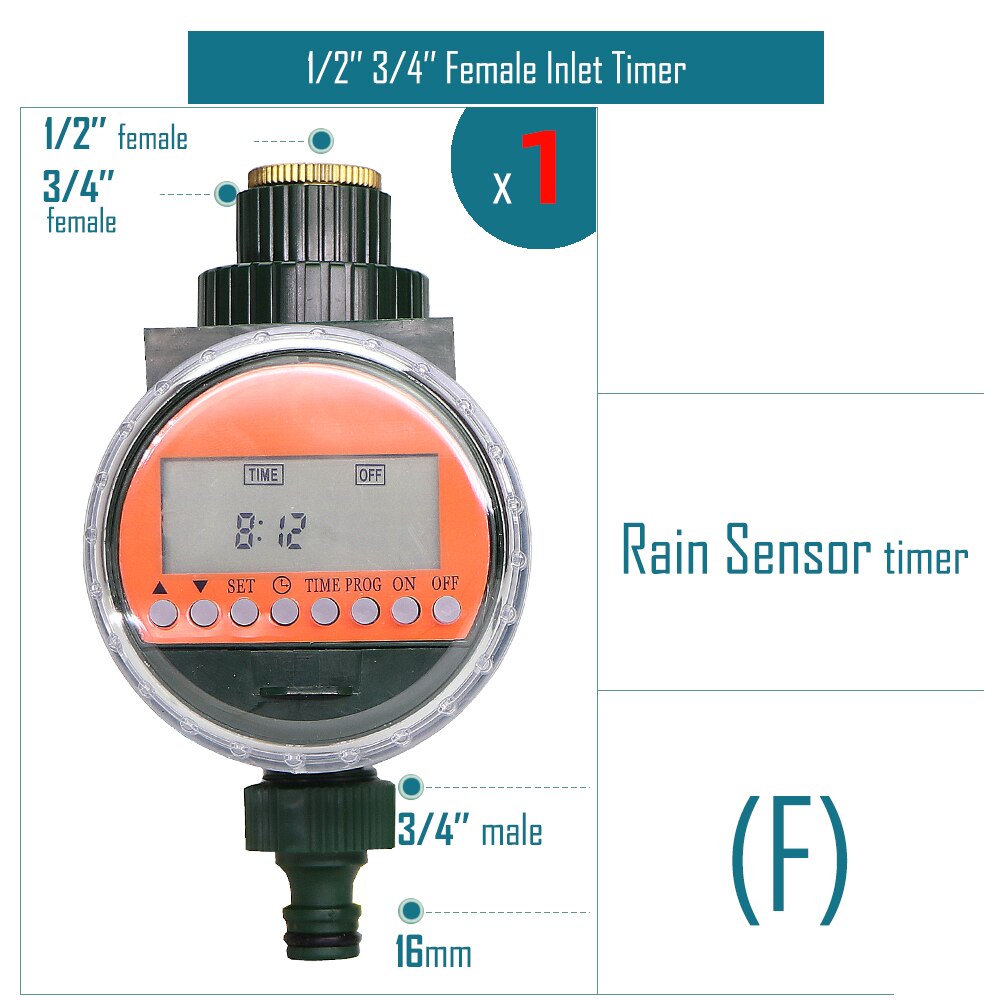 Garden Water Timer Rain Sensor Solar LCD Double Dial Controller Watering Irrigation 1/2'' 3/4'' Tap Joint Solenoid / Ball Valve: F-1PC