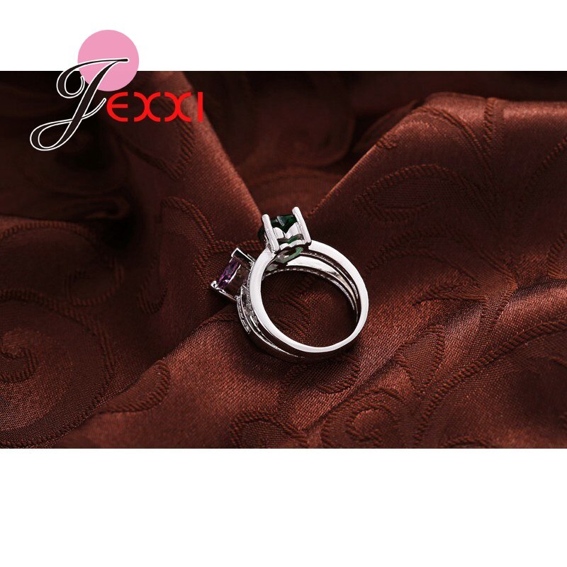 Moda criativa jóias anel oco romântico duplo coração roxo verde cz cristal anéis de festa de casamento feminino
