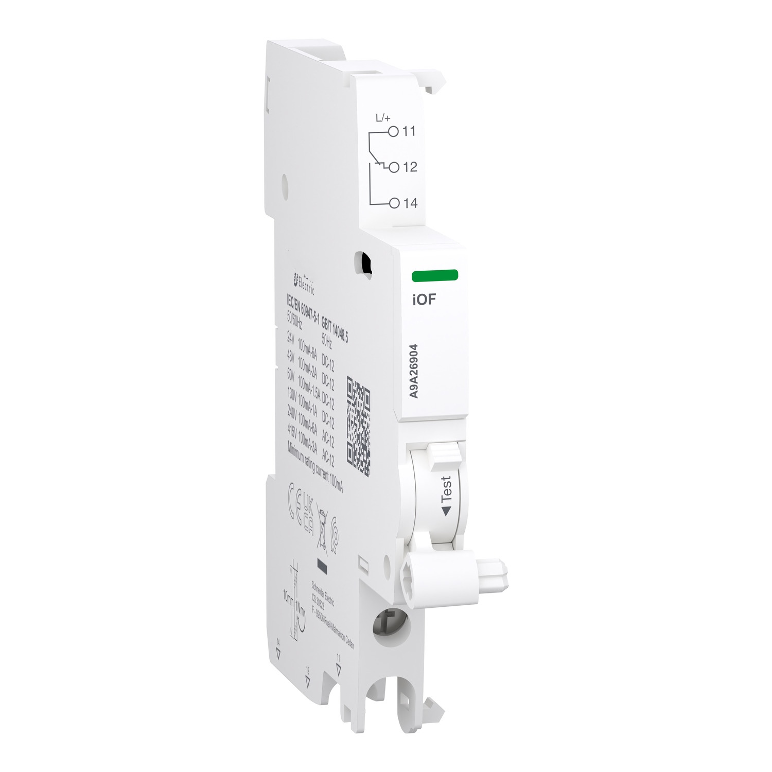 A9A26924 model A9A26904 Auxiliary contact, Acti9 A9A, iOF, 1 C/O, 100mA to 6A, 24VAC to 415VAC, 24-130 VDC, bottom connectio