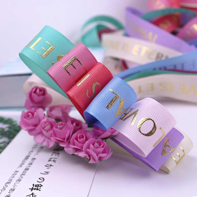 25mm 5Yards Ribbon Bronzing English Letters Printed Ribbons Floral Happy Birthday Packaging DIY Tie Handmade Material