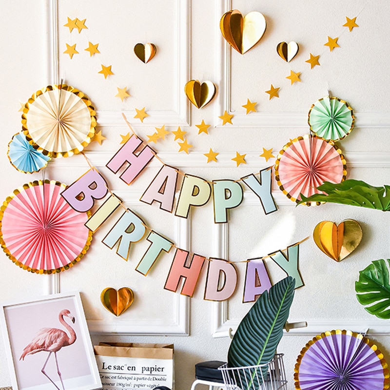 Cartel de feliz cumpleaños, guirnalda de Pastel de caramelo, banderines para cumpleaños, decoración de Pastel, letras en inglés bronceadas