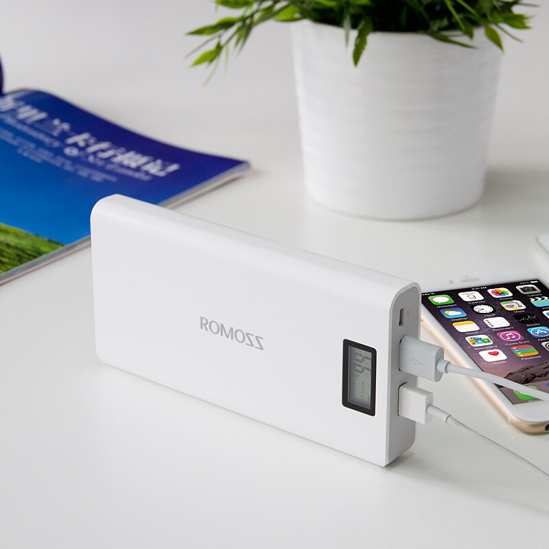 Romoss power bank 20000 mah sense 6 plus 18650 eksternt batteri backup power 2 usb output telefon oplader