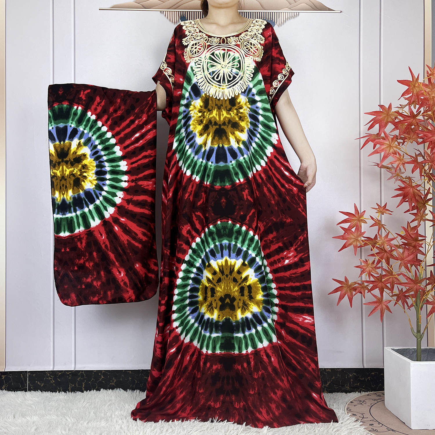 Vestidos maxi de algodão solto com lenço de cabeça para mulheres muçulmanas, vestidos casuais muçulmanos, manga curta, estampa floral, kaftan africano, islamismo, novo, verão: Creme