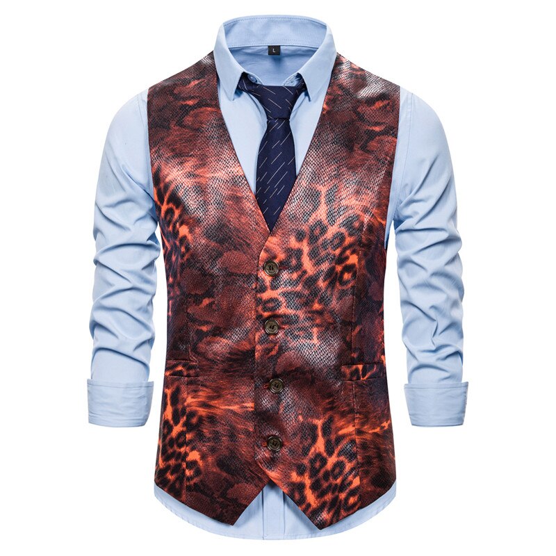 Mens Vest Casual Glossy Beast Leopard 3D Print Gilet Hombre Formal Waistcoat Men Sleeveless Jacket Party Wedding Dress Suit Vest