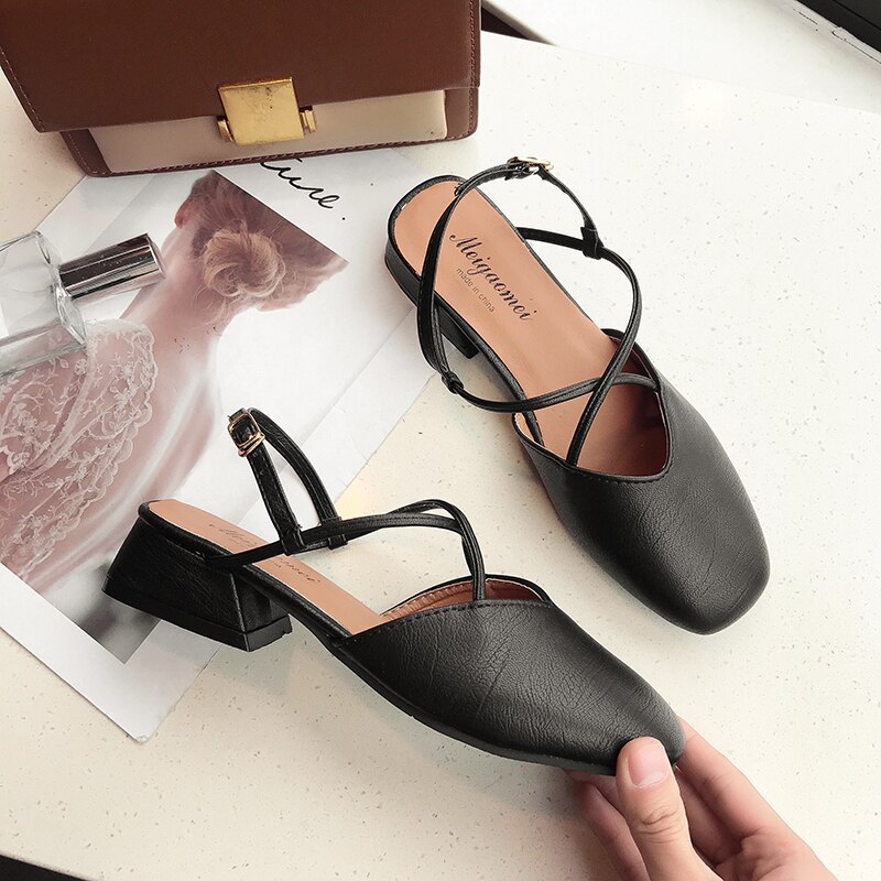 summer thick med-high heel close square toe sandals women retro hollow cross band buckle slingback gladiator sandalias