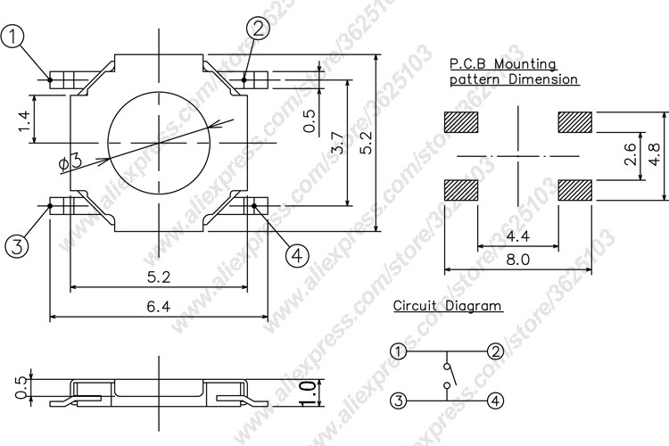 50 stks/partij SMD 4*4*1.5mm (5.2*5.2*1.5mm) tactile Tact Push Button Micro Schakelaar Momentary Push Knop Koper Hoofd/Rubber Hoofd etc.