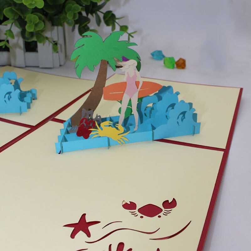 Paper Cut Origami Coconut Tree & Beach Greeting Card 3D Surfing Boy/Girl Cartoon Card Handmade Happy Birthday Card