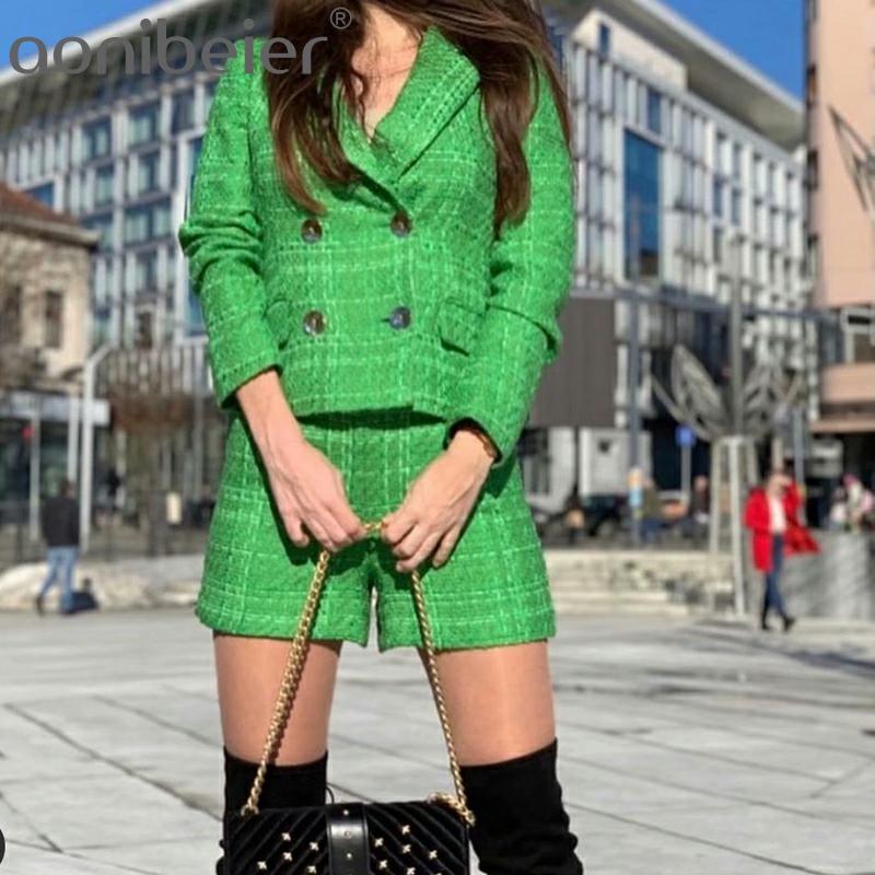 Aonibeier – ensemble de costume en Tweed vert écossais pour femme, blazer ajusté, poches, Style anglais, pantalons courts, tenues urbaines