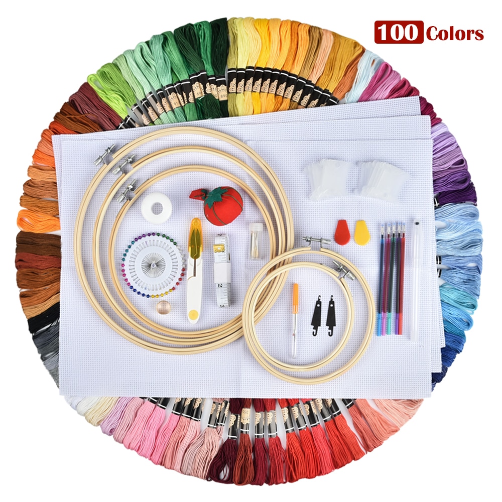100pcs Random Color Embroidery DIY Silk Line Branch Threads Cross Stitch Thread Needle Set Thread Punch Stitching Knitting Kit