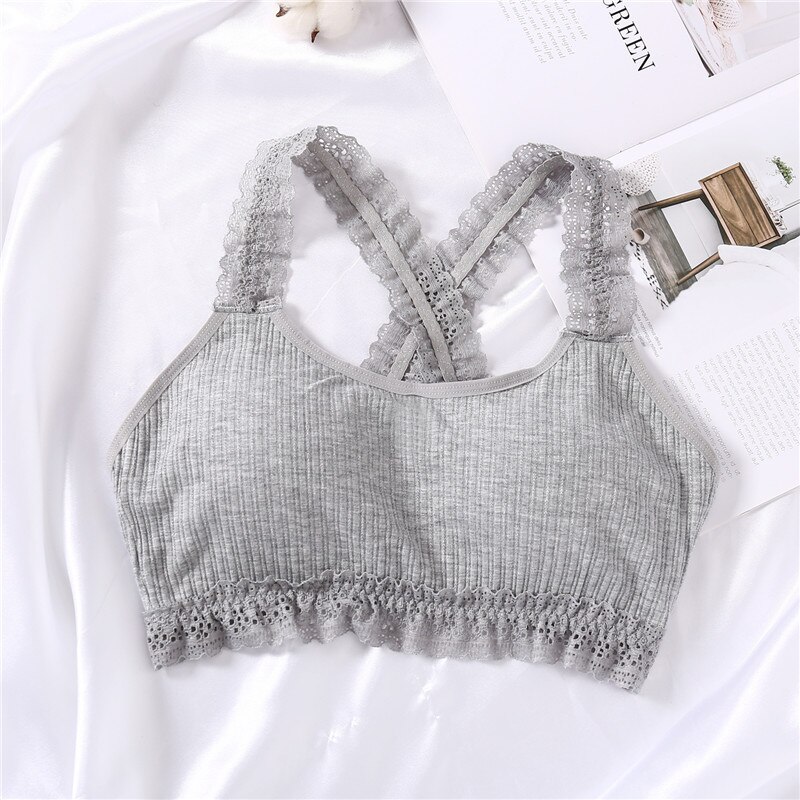 Sexy Lace Bra Cotton Wireless Bralette Women Cross Push Up Bra Female Underwear Wire Free Top Padded Lingerie Ladies Bralette: Gray