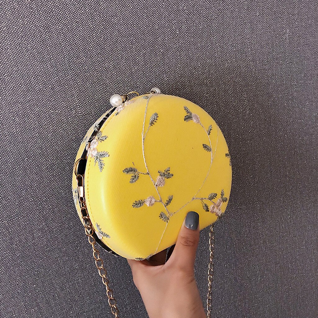 Embroidery Flowers Women Round Clutch Evening Bags Gold Chain Shoulder Bags Girls Handbags Purses Party Bag #YL5