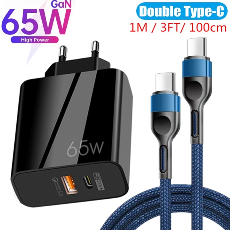 65W Gan Charger Dual Poorten Qc 3.0 Pd 3.0 Quick Charge Snel Opladen Voor Iphone 12 Pro Samsung Type C Pd Usb Mobiele Telefoon Oplader: EU Charger cable.