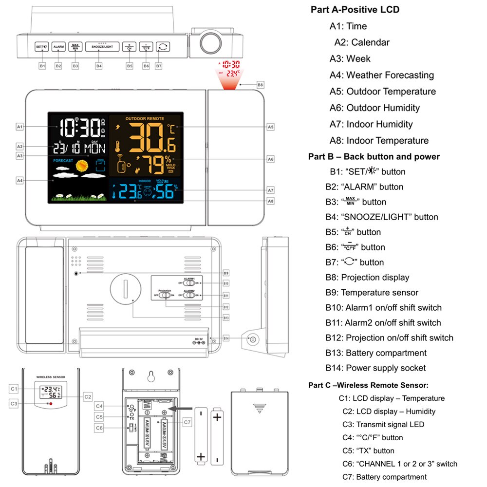 Alarm Projectie Klok Thermometer Hygrometer Draadloze Weerstation Digitale Horloge Snooze Desk Tafel Project Radio Klok