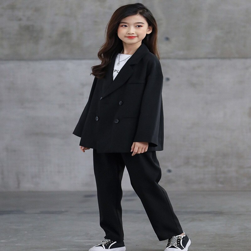 2021 New Spring adolescenti bambini ragazze vestito giacca cappotto nero bambini stile Casual abiti di moda E1372