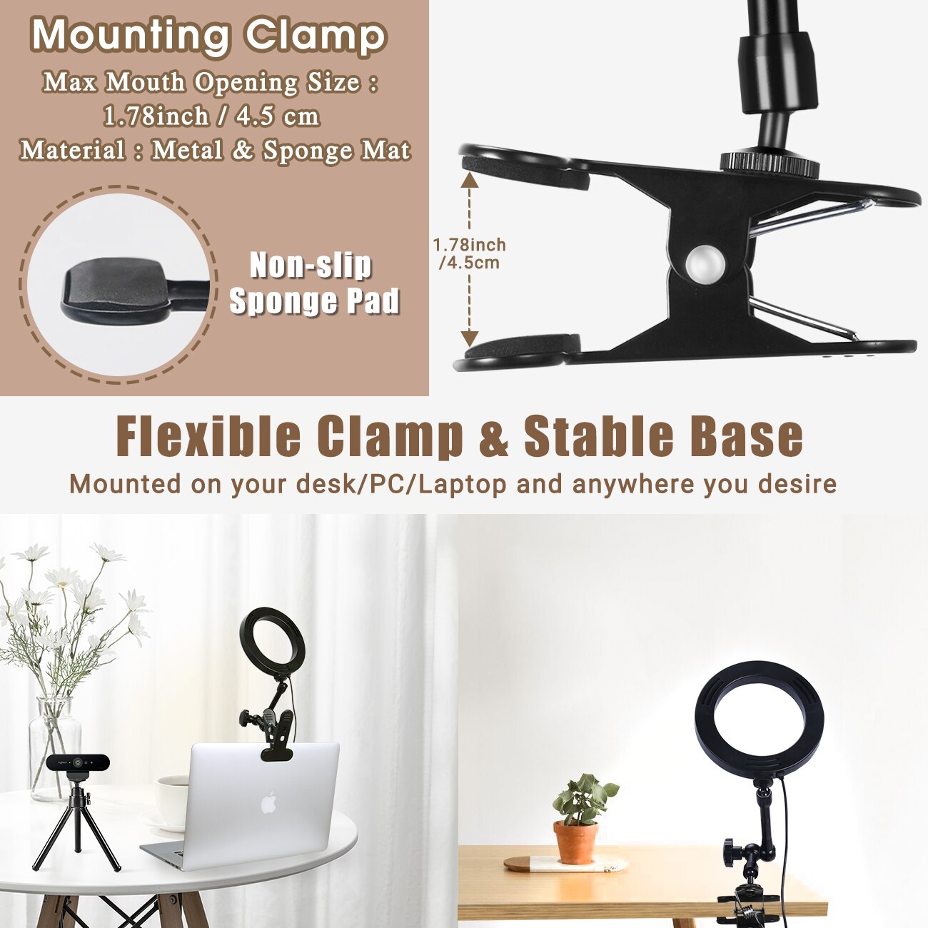 Ring Light for Laptop Computer Video with Clip&Overhead Tripod, LED Selfie 6" Light with Magic Arm&Phone Holder for iPhone