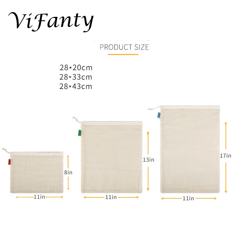 3 Pack Eco Friendly Reusable Produce Bags Net Zero Waste, Organic Cotton Mesh Produce Vegetable Bag Washable with Drawstring