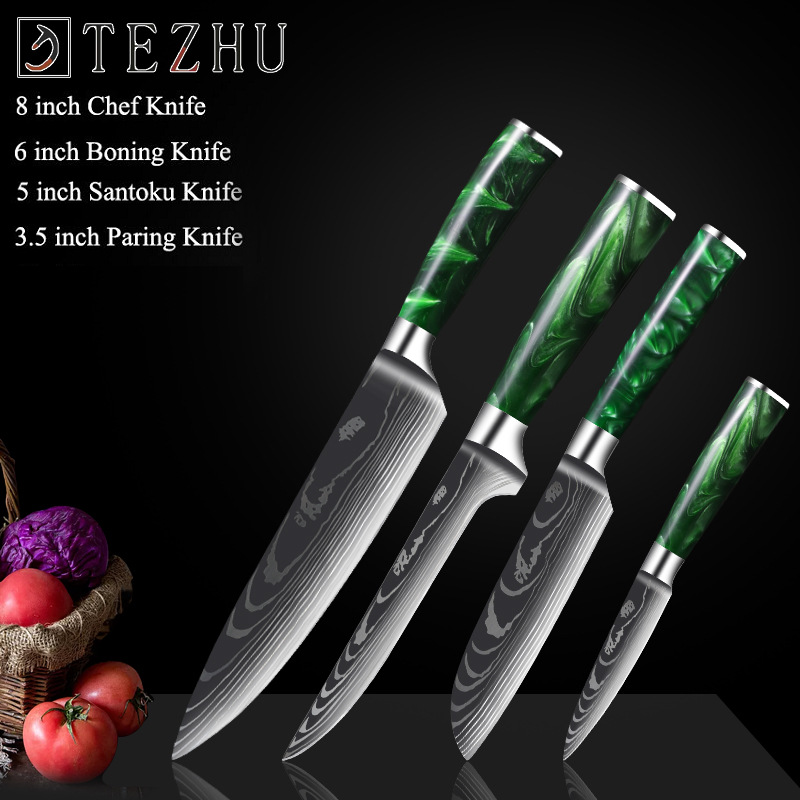 Professionele Keuken Messen Set Japanse High Carbon Staal Chef Messen Imitatie Damascus Patroon Slicer Santokumes Set