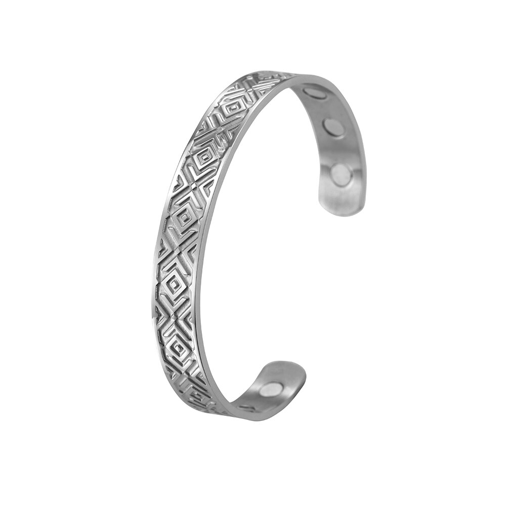 Skyrim-brazaletes nórdicos de runas para hombre y mujer, brazaletes vikingos de acero inoxidable, simples, ajustables, dorados, negros, magnéticos para la salud: Steel Color