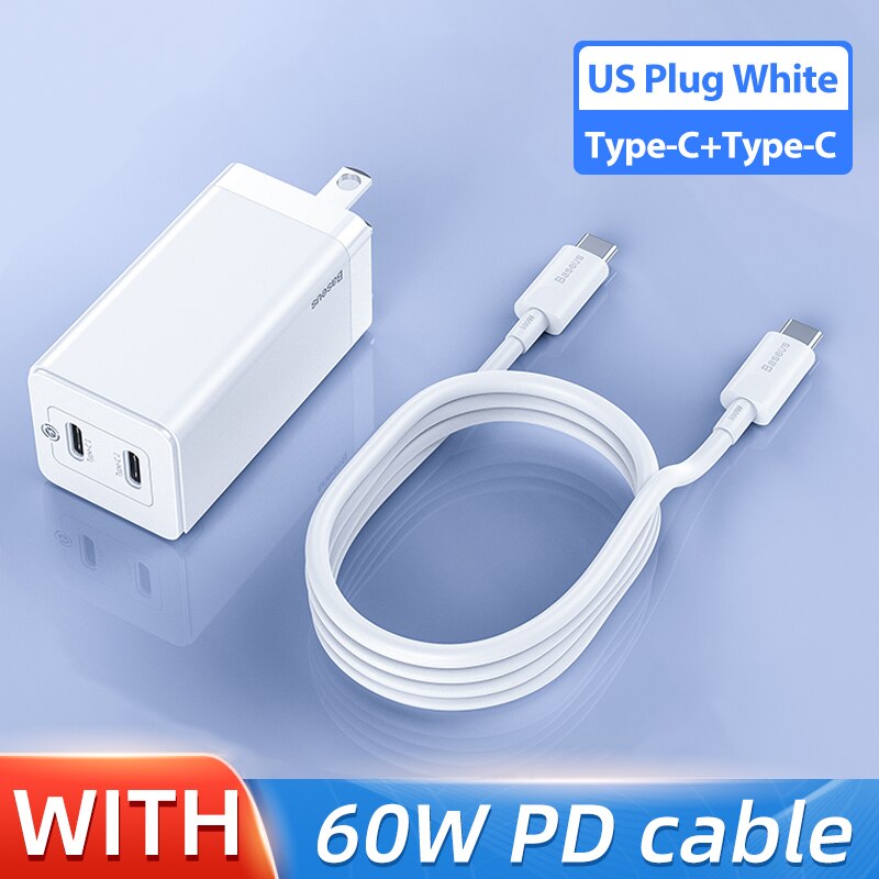 Baseus-cargador rápido GaN de 45W para iPhone, compatible con SCP QC3.0 PD3.0, carga rápida para Xiaomi, viaje, portátil: US Dual Type-C white