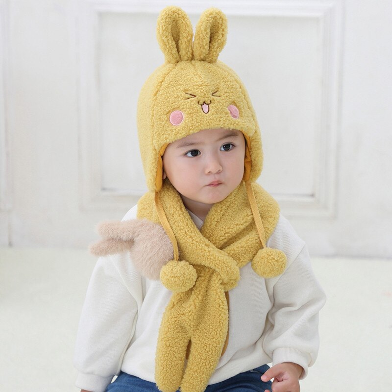 Traje de cuello y gorro de bombardero para bebé, otoño e invierno, dibujos animados para niños, niño y niña, juegos de gorro y bufanda gruesos y cálidos: rabbit yellow