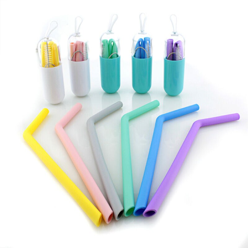 Silicone Straw Reusable Folding Drinking Straw with Carrying Case and Cleaning Brush for Travel Home Office Bar Accessories