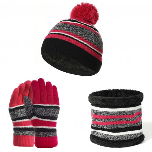 Conjunto de guantes y gorros de invierno para niños, conjunto de 3 piezas de algodón y lana, con pompón de punto, cálido: Rojo rosado