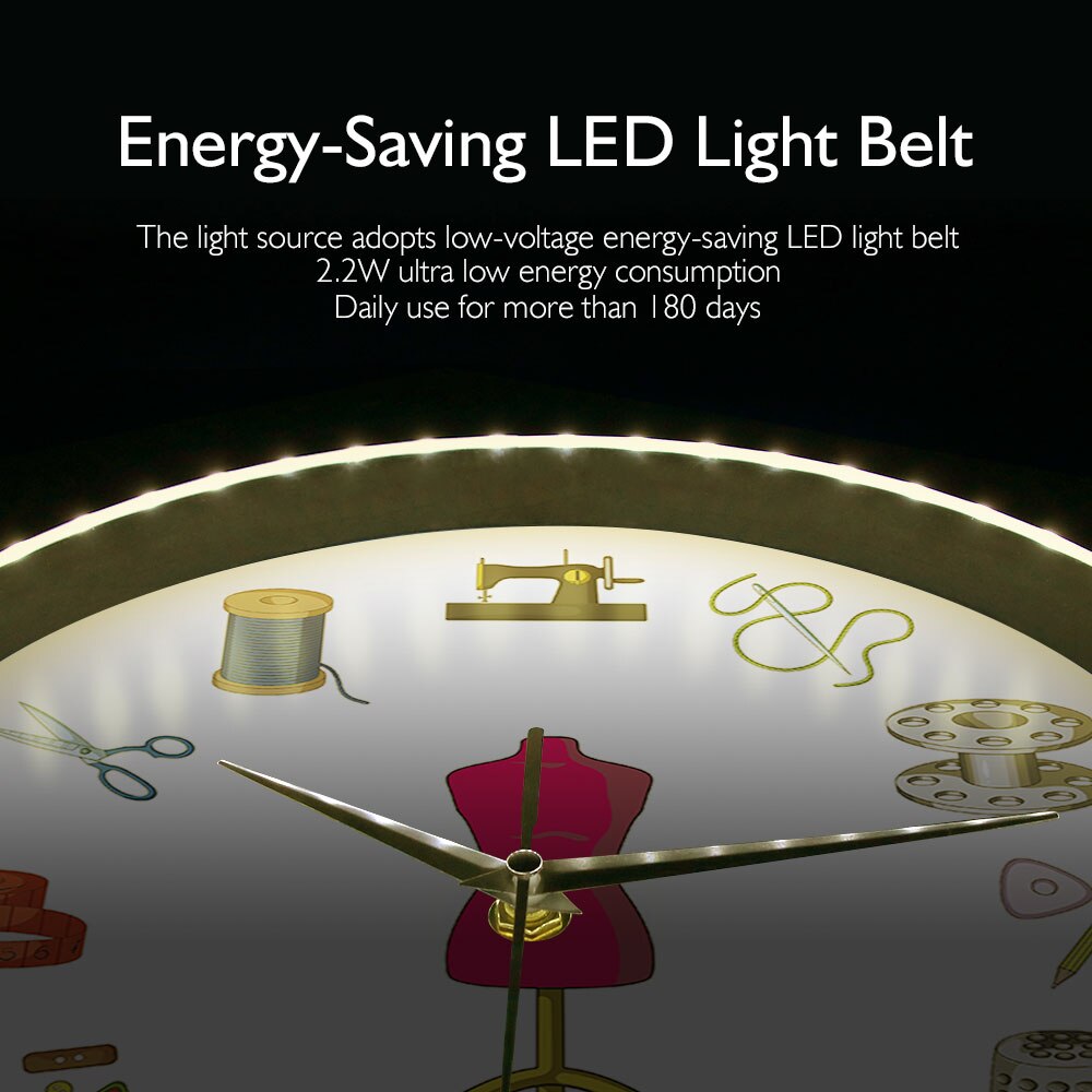 Seamstress LED Luminous Voice Control Wall Clock Light Tailor Shop Quilting Sew Time Sound-Activated Metal Frame Horologe