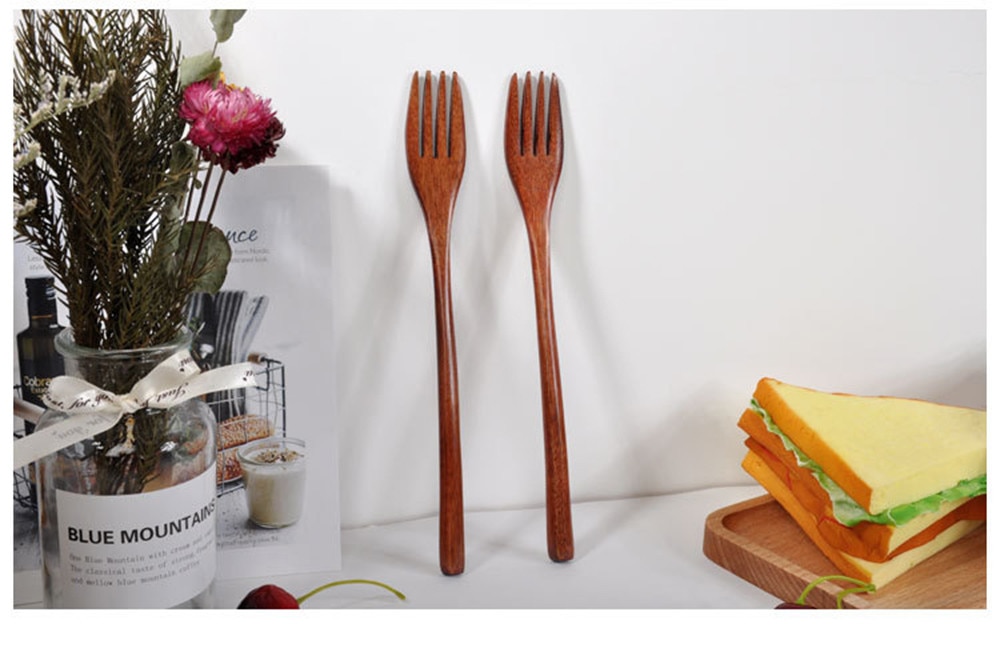 Tenedor y cuchara de madera de bambú, utensilio de cocina, utensilios para sopa y té, vajilla, tenedor de madera de , ,