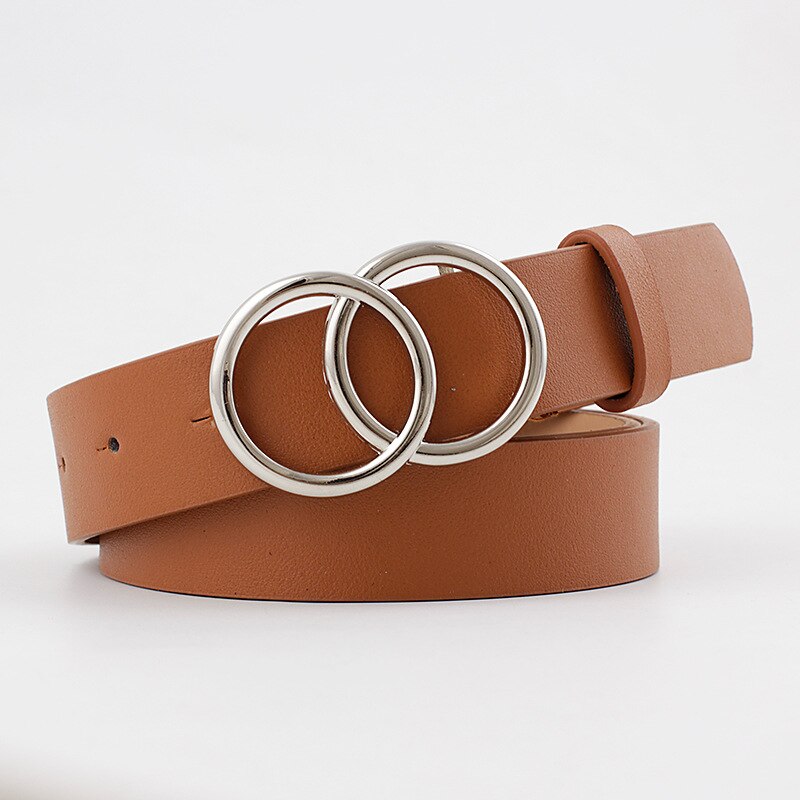Cinturón con hebilla de doble anillo para mujer, Vintage informal, hebilla plateada que combina con todo, cinturilla de cuero artificial, novedad de: Camello