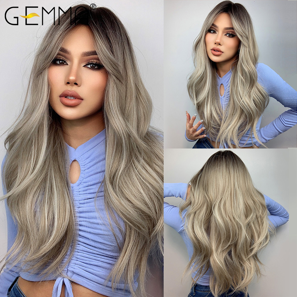 GEMMA Dark Brown Long Curly Synthetic Wig Deep Wave Cosplay Hair Wigs with Wavy Bangs for Women Daily Party Heat Resistant Fibre