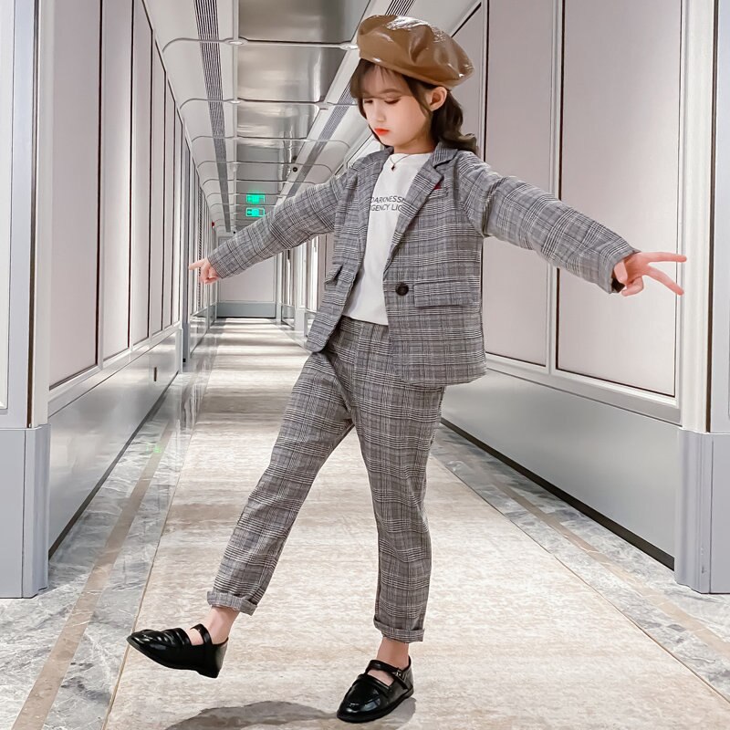 Conjuntos de traje de para niñas, traje Formal a cuadros, chaquetas + Pantalones, conjunto de Blazer escolar, ropa para niñas de 8 a 10 años